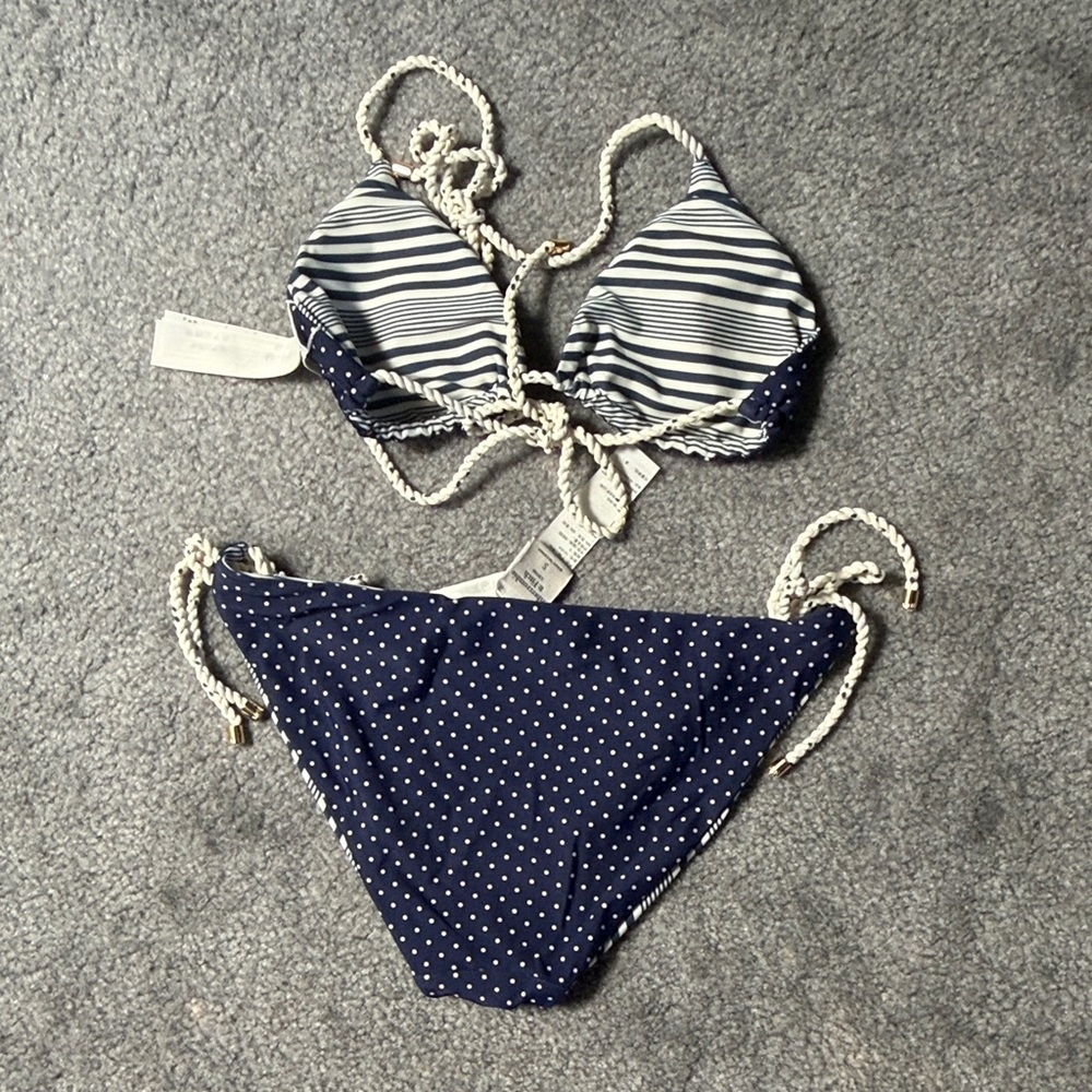 Abercrombie & Fitch Navy Polka Dot & Stripe Reversible Tie-Side Bikini - Picture 5 of 6